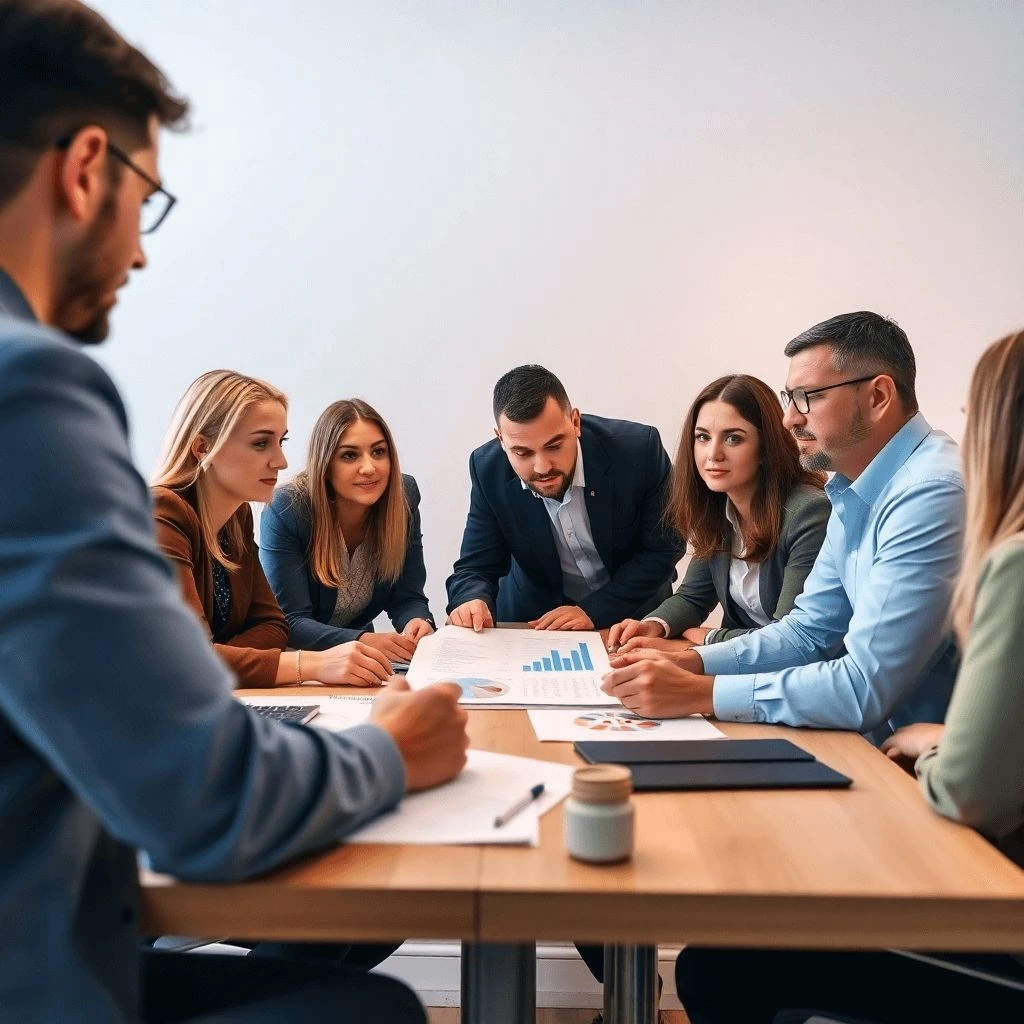 Equipo de expertos en SEO brindando consultoría a un cliente. Profesionales reunidos analizando reportes y discutiendo estrategias, con iluminación cálida y profesional.